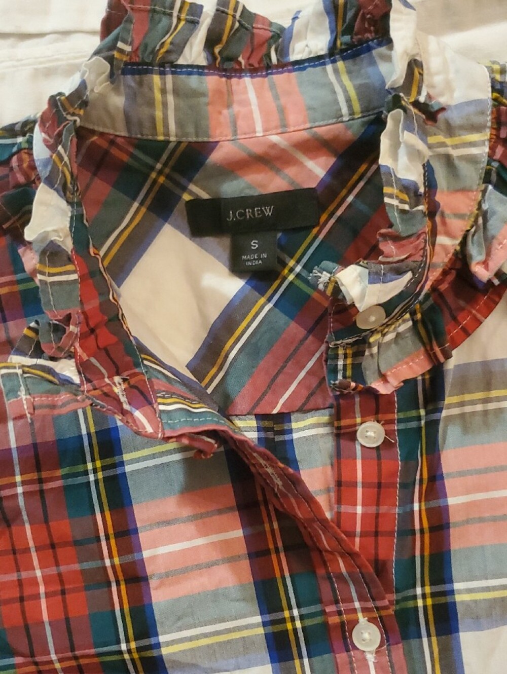 J. Crew Red Plaid Ruffle Collar Button-Down Shirt Women's Small - Picture 2 of 11